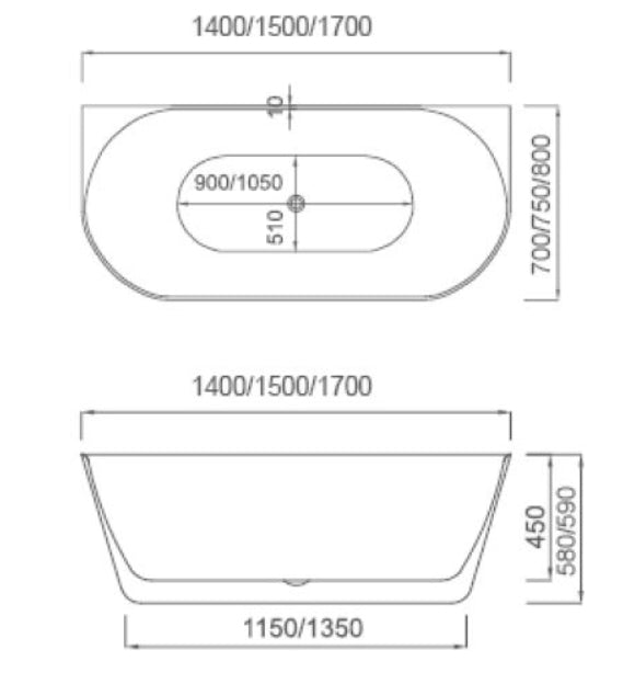 1400-1700*700*580mm Mercio Musen Gloss White Oval Acrylic Back To Wall Bathtub