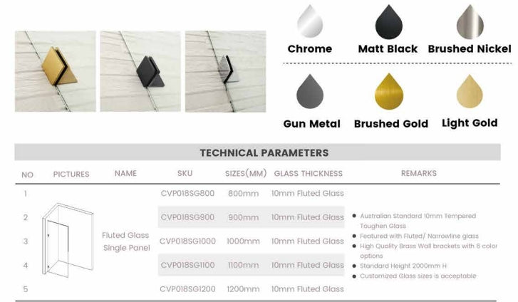 800-1200mm 10mm Tempered Toughen Glass Standard Height 2000mm Covey Frameless Single panel with narrow line Shower Screens - HD reno