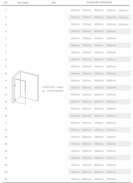 200-1200mm 10mm Toughened  Black/Gun Metal  Frameless Single Door Fixed Panel Shower Screens - HD reno