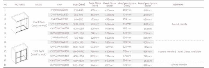 870-1180x2000mm COV Wall to Wall Sliding Door Frameless Chrome Stainless Steel Circle Handle 10mm Glass Shower Screens