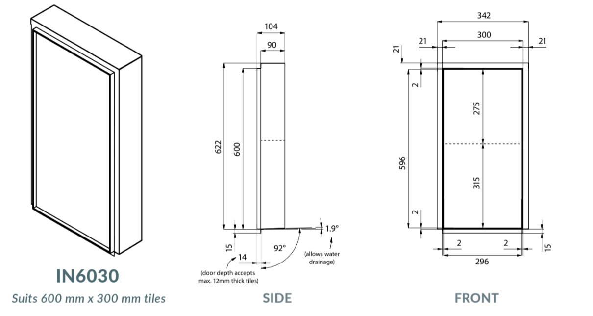 300-600*600mm Fienza InvisiCab Stainless Steel Concealed Rectangle Bathroom Cabinet