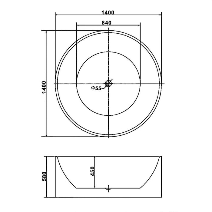 FS19 1400*1400*600mm Bath Tub White Acrylic Free Standing Round