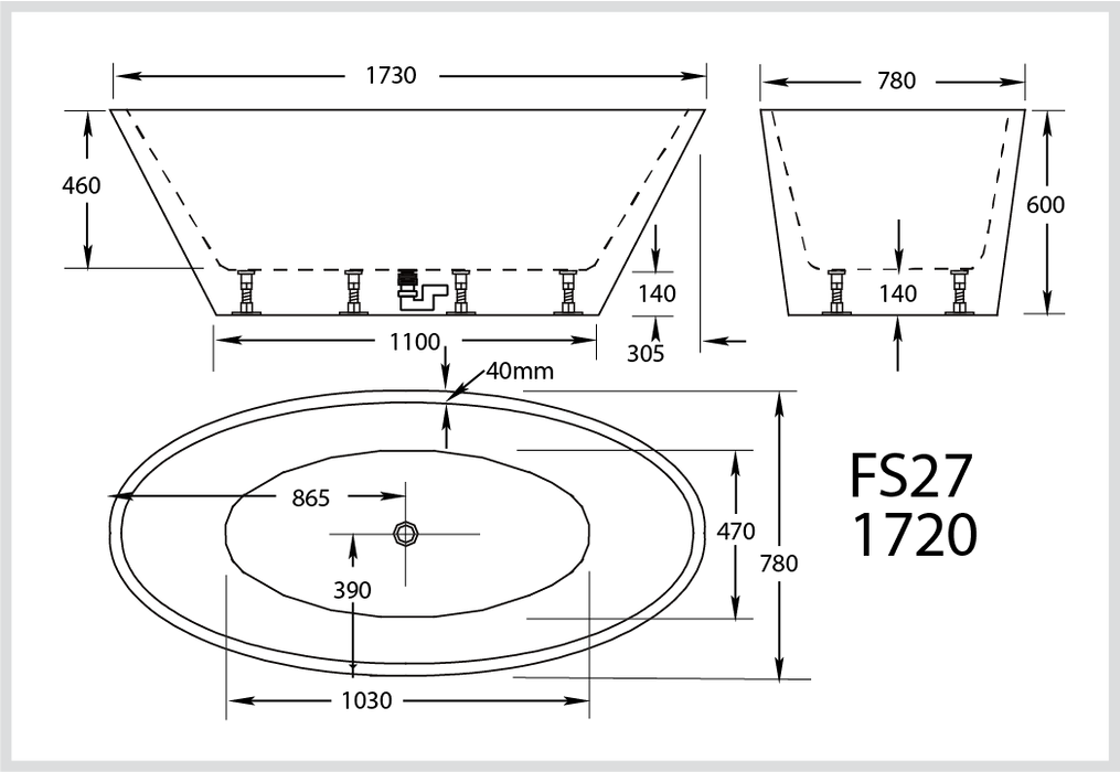 FS27 1730*780*600mm Gloss White Acrylic Freestanding Bath Tub - HD reno