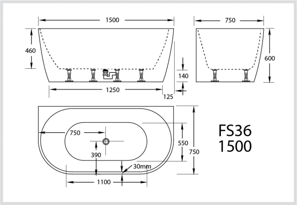 FS36 1400/1500/1700mm Bath Tub Gloss White/Black Acrylic back to wall Freestanding - HD reno