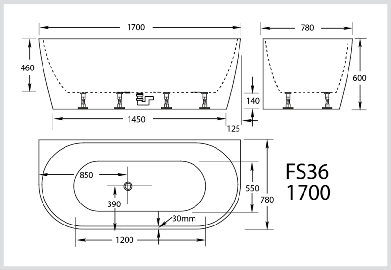 FS36 1700mm Gloss White/Black Rectangle 10 Jets Back to Wall Freestanding Spa Bath - HD reno