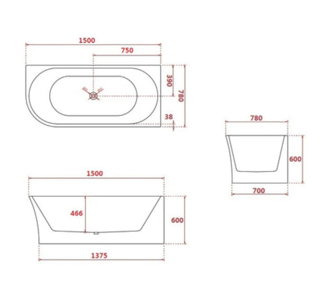 FS7 1500/1700mm Gloss White Rectangle 10 Jets Back to Wall Freestanding Spa Bath