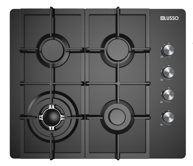 600mm Black Gas Cooktop with Wok Burner, FFD, Cast Iron Trivets