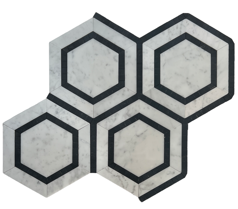 Hexagon Carrara+Nero Border Honed