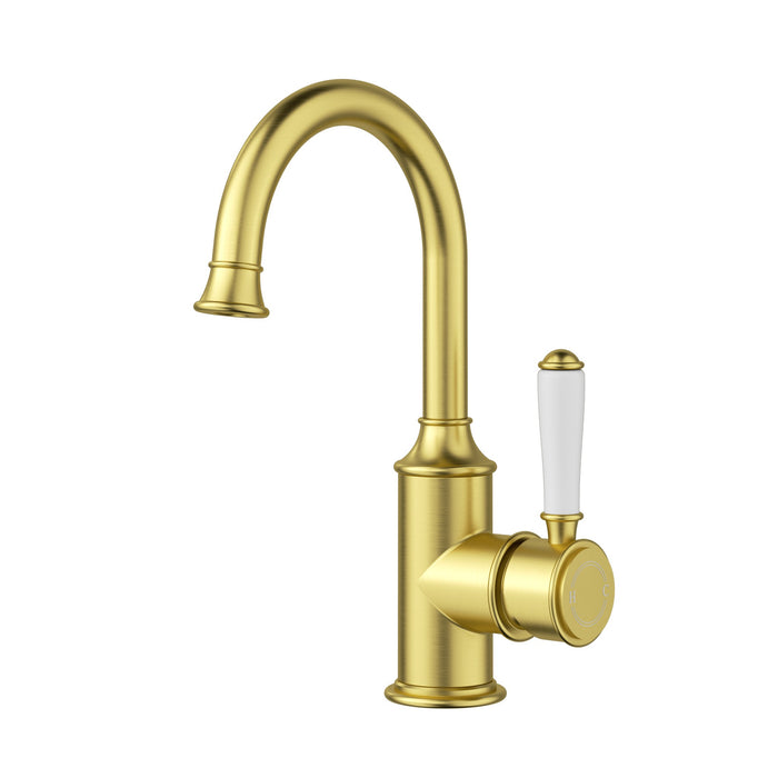Clasico Gooseneck Basin Mixer Ceramic Handle in Brushed Gold - HD reno