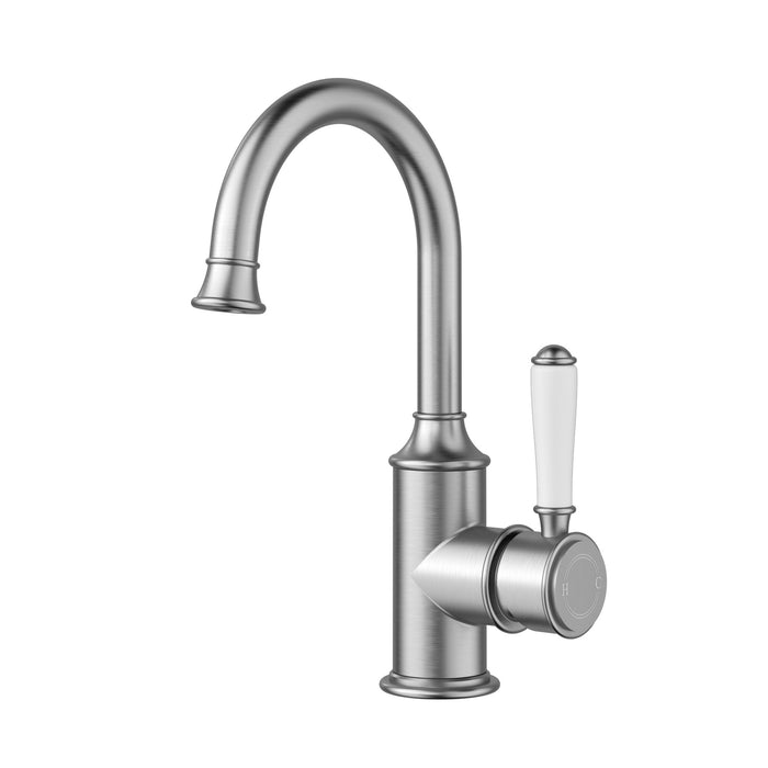 Clasico Gooseneck Basin Mixer Ceramic Handle in Brushed Nickel - HD reno