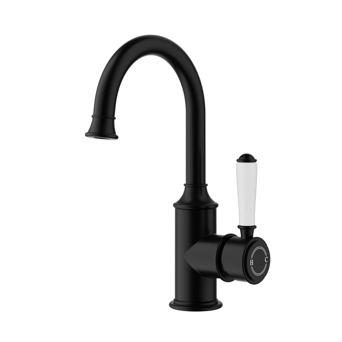 Clasico Gooseneck Basin Mixer Ceramic Handle in Matt Black - HD reno