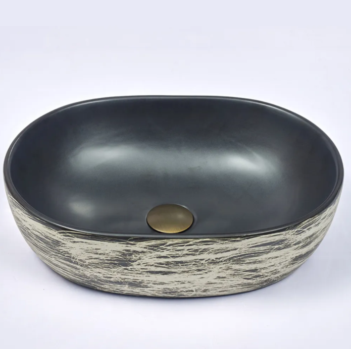 475*340*130mm Black Interior Porcelain Oval Above Counter Art Basin