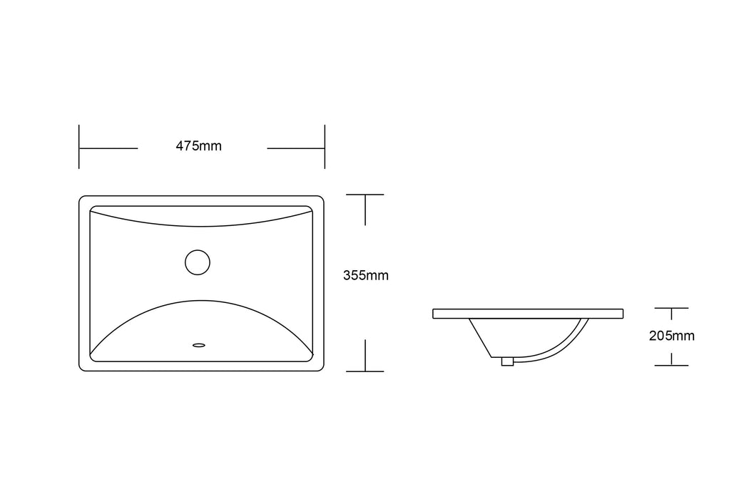 475*355*230mm Rectangle Gloss White Ceramic Undermount Basin