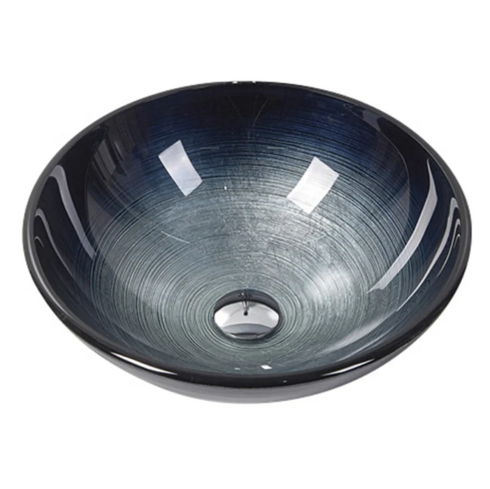 420*420*145mm Black and Blue Tempered Glass Round Above Counter Art Basin
