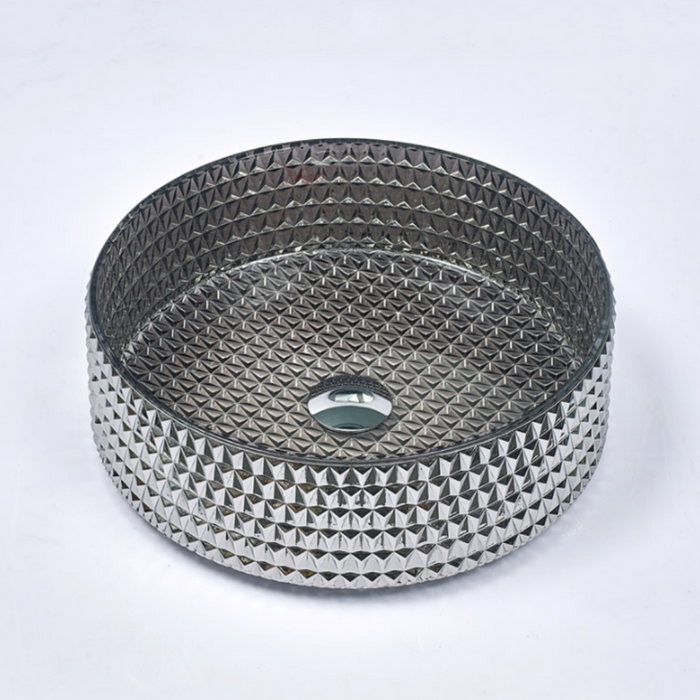395*395*125mm Silver Tempered Glass Round Above Counter Art Basin