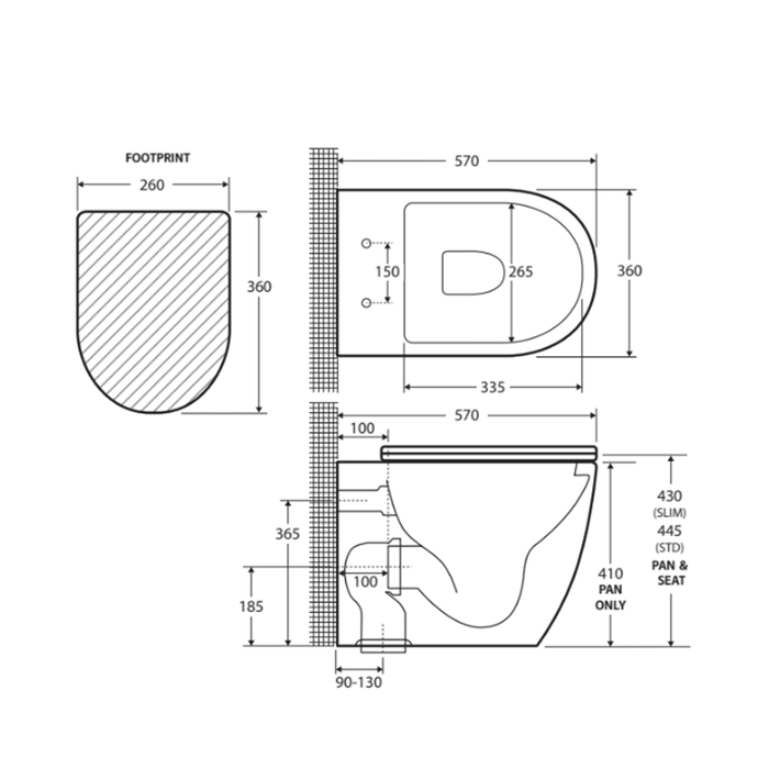 570*360*430mm Fienza KoKo Gloss White Rimless Ceramic Wall-Faced Toilet