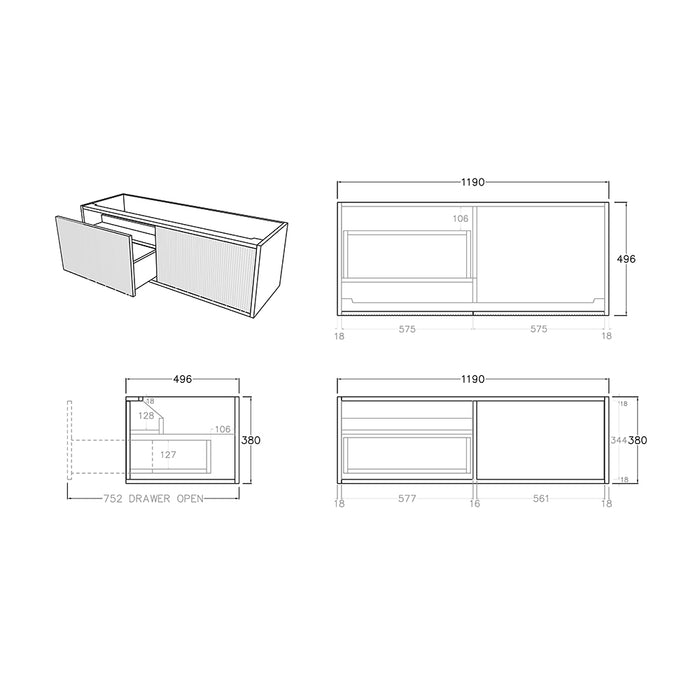 600-1500*500*380mm Bellevue Costal Oak Woodgrain Thermolaminated V Groove Fluted Bathroom Cabinet Wall Hung Vanity