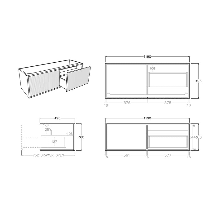 600-1500*500*380mm Bellevue Costal Oak Woodgrain Thermolaminated V Groove Fluted Bathroom Cabinet Wall Hung Vanity