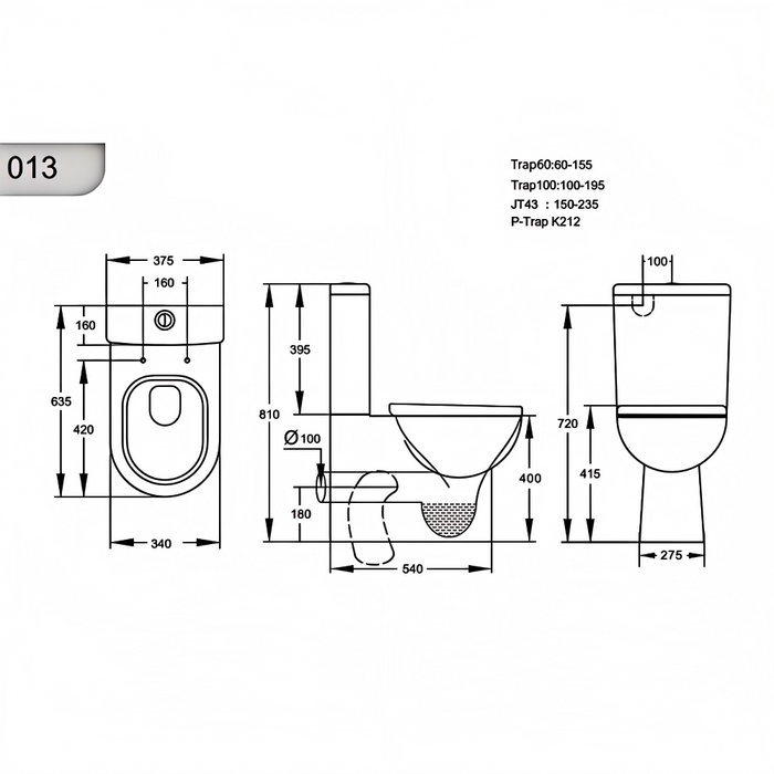 635*375*810mm Poseidon Rio Ceramic Gloss White Box Rim Back To Wall Toilet