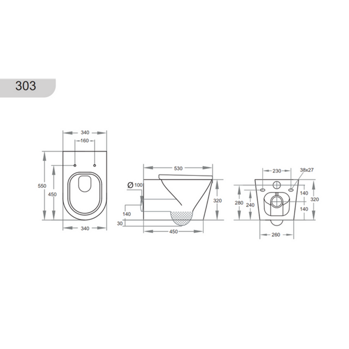 550*345*320mm Poseidon Qubist Gloss White Box Rim Wall Hung Pan
