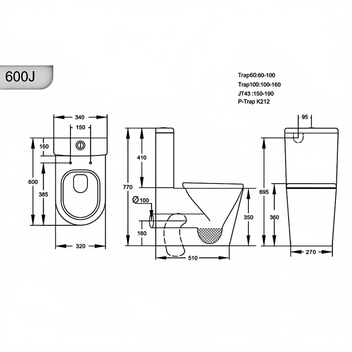 595*335*770mm Poseidon Avis Gloss White Rimless Junior Back To Wall Toilet