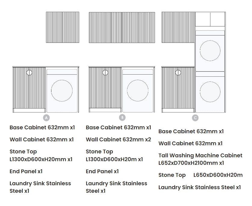1305*600*2100mm Otti Marlo Matt Black Fluted Moisture Resistant Plywood Laundry Kit
