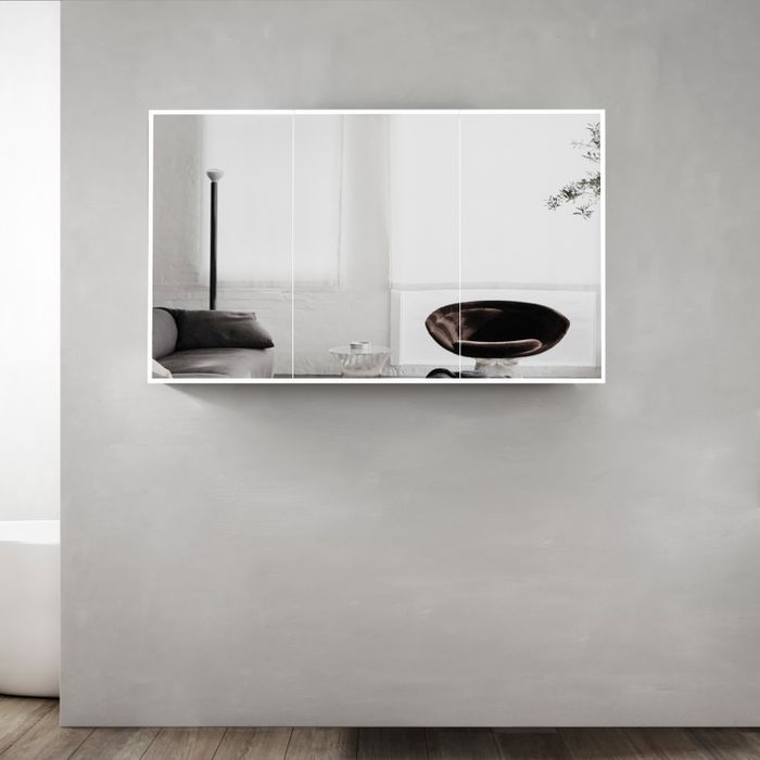 1200mm Otti Moonlight Vanity Satin White Wall Hung Cabinet and Solid Surface Basin Led Shaving Cabinet