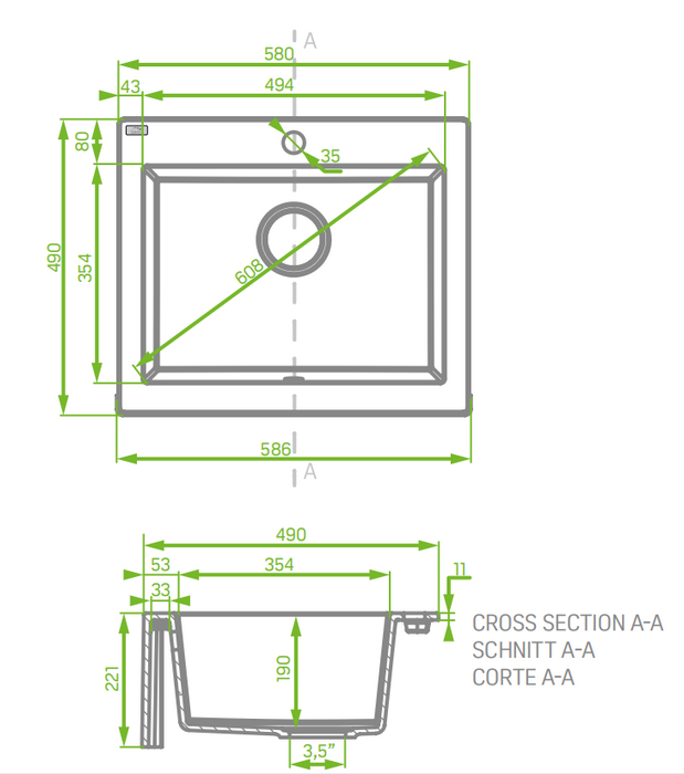 490*580*220mm ACA Laveo Grey Granite Stone Single Bowl Sink - HD reno