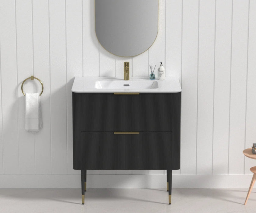 600-1500mm SUN Slim-Line Curved Black Fluted Wall Hung Vanity Cabinet Only