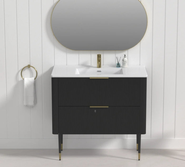 600-1500mm SUN Slim-Line Curved Black Fluted Wall Hung Vanity Cabinet Only