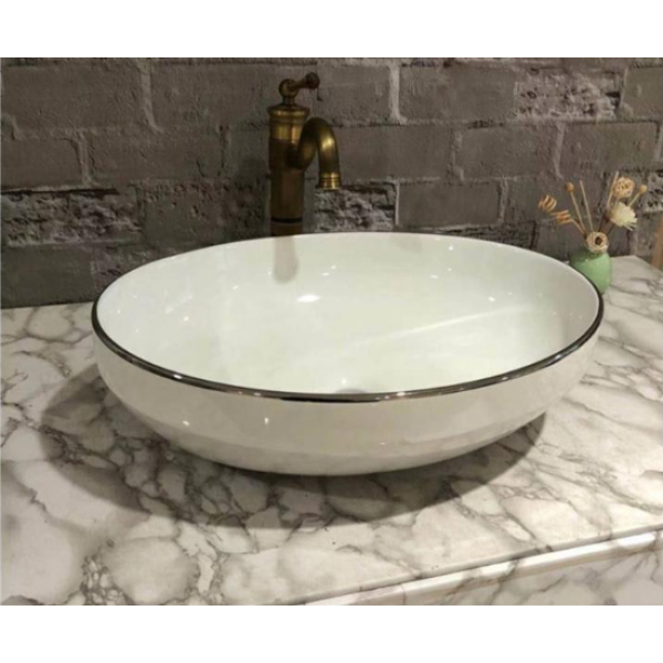 510*390*140mm SIMA Gloss White Ceramic Above Counter Basin Electroplating Silver Top Line 32mm No Overflow Waste Not Included With Basin