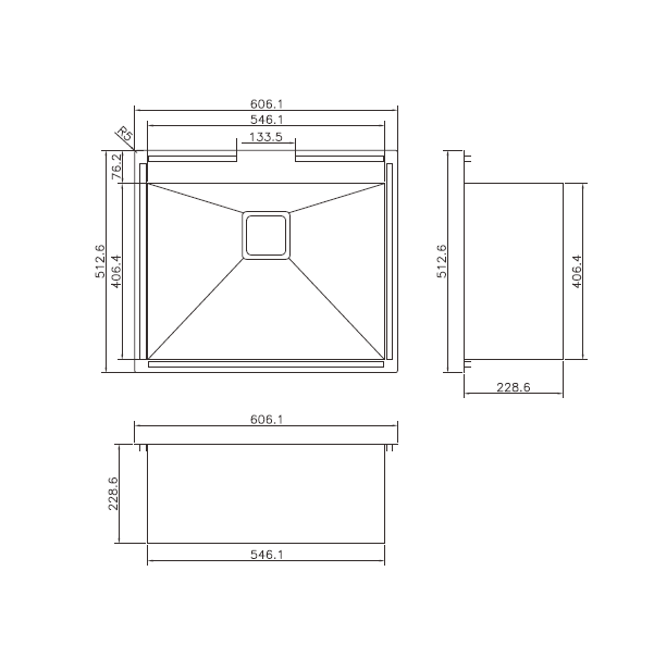 606*512*228*1.2mm MN Square Corners Single Bowl Sink Square Waste 49L Sink