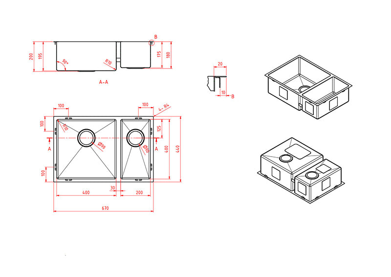 670*440*200 and 180*1.2mm MN Square Corners One and Half Bowl Sink Round Waste 14L and 31L Sink