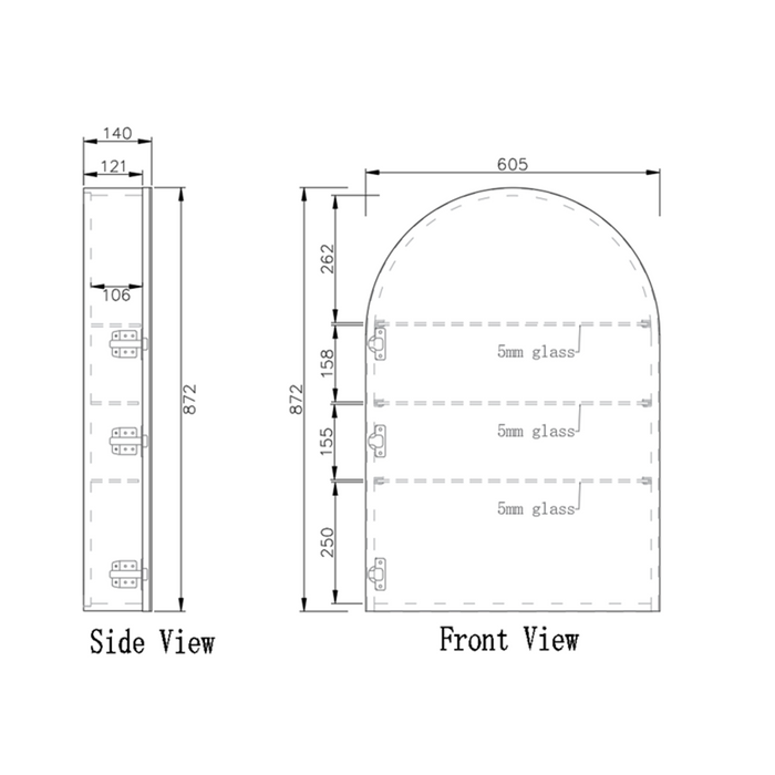 600*870*140mm ABS London Matt Black/White Arch Mirror Shaving Cabinet