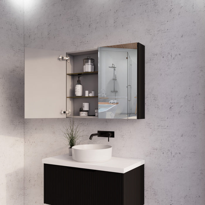 450-1500*720*150mm ABS Geneva Fluted Wall Hung Oak Timber Matt Black Mirror Shaving Cabinet
