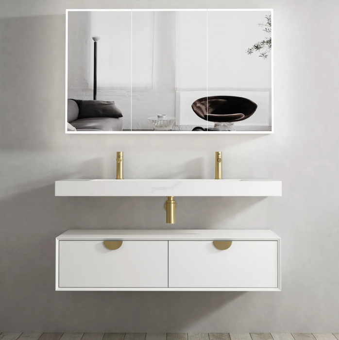 1200mm Otti Moonlight Vanity Satin White Wall Hung Cabinet and Solid Surface Basin Led Shaving Cabinet