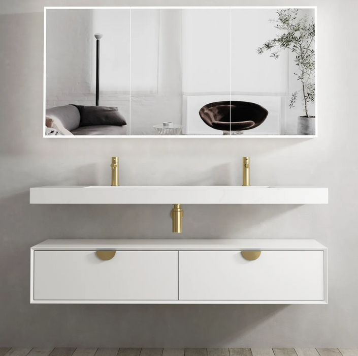 1500mm Otti Moonlight Vanity Satin White Wall Hung Cabinet and Solid Surface Basin Led Shaving Cabinet