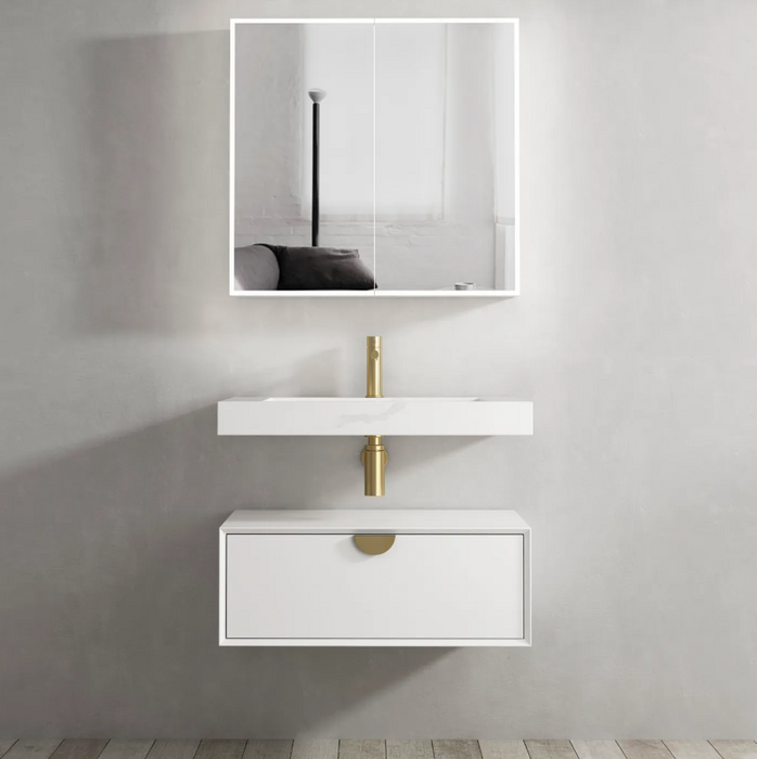 750mm Otti Moonlight Vanity Satin White Wall Hung Cabinet and Solid Surface Basin Led Shaving Cabinet
