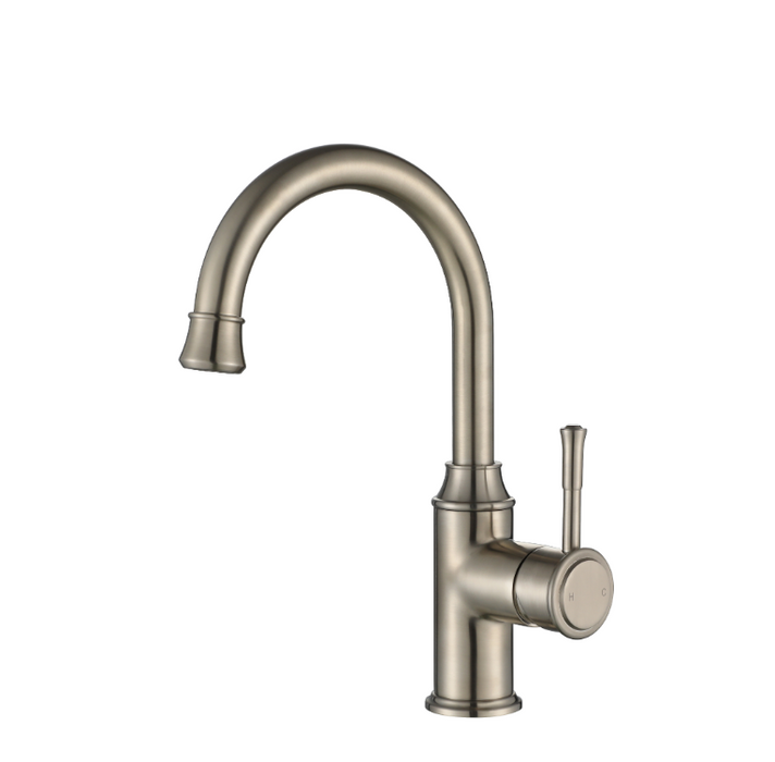 Modernnational Montpellier Brushed Nickel Solid Brass Gooseneck High Rise Basin Mixer