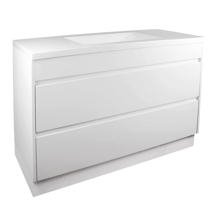 1200mm Matte White Qubist MDF Single Bowl Freestanding With Kickboard Vanity With Ceramic Top With Shaving Cabinet and Tall Boy