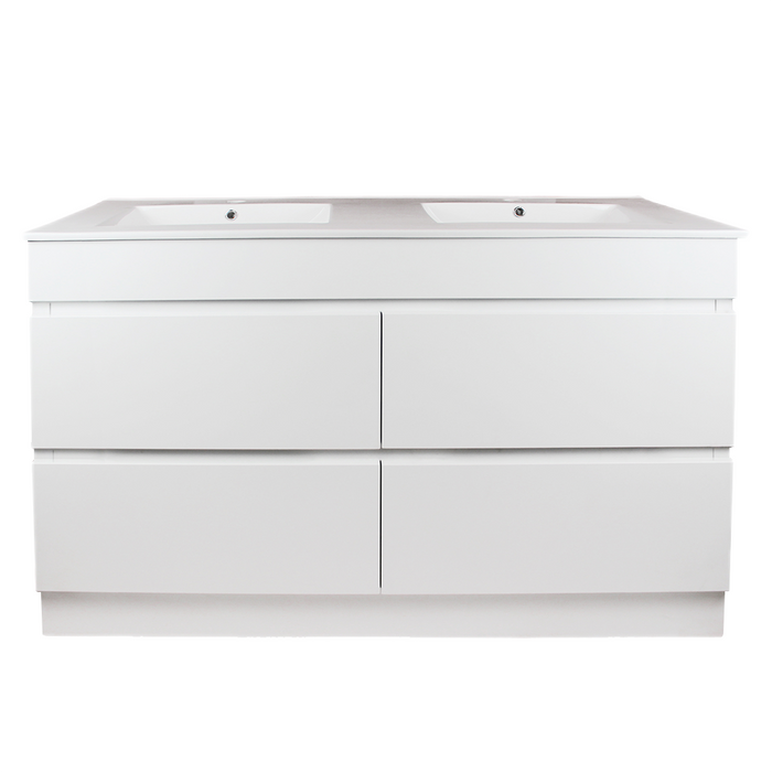 1200mm Matte White Qubist MDF Double Bowl Freestanding With Kickboard Vanity With Ceramic Top With Shaving Cabinet and Tall Boy