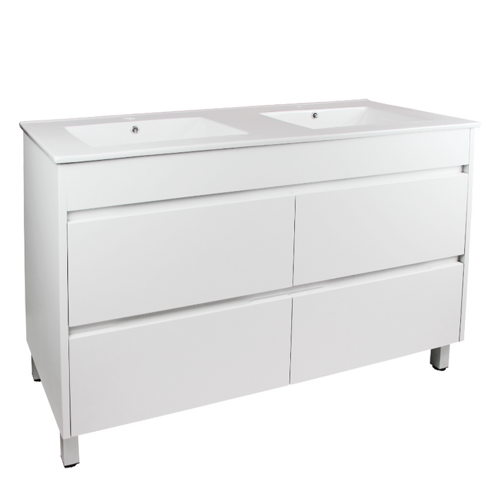 1200mm Matte White Qubist MDF Double Bowl Freestanding With Legs Vanity With Ceramic Top With Shaving Cabinet and Tall Boy