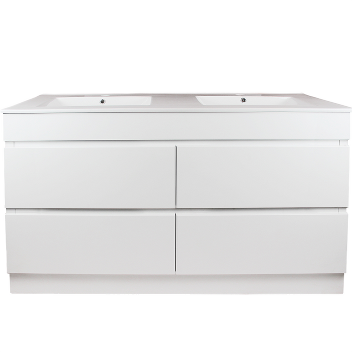 1500mm Matte White Qubist MDF Double Bowl Freestanding With Kickboard Vanity With Ceramic Top With Shaving Cabinet and Tall Boy