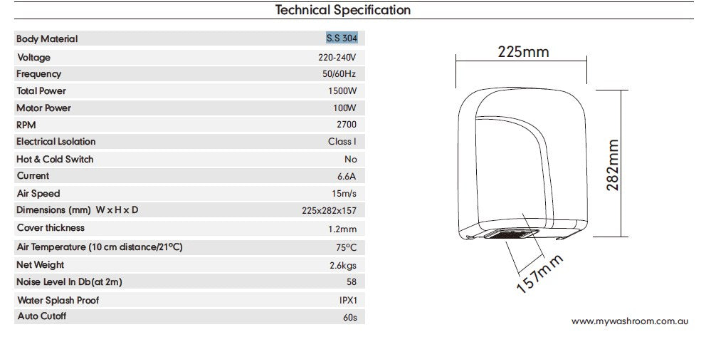 Touchless Automatic Operation Ensures Hygienic Stainless Steel Hand Dryer MY1006S