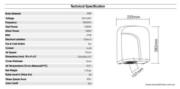 Touchless Automatic operation ensures hygienic hand dryer MY1006W