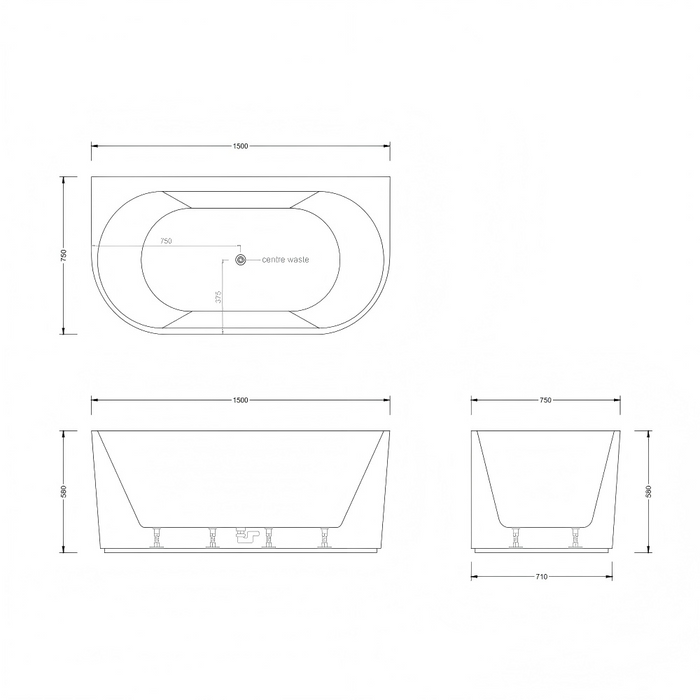 1500-1700*750mm Broadway Mallorca Fluted 10 Jets Matt White/Gloss White/Matt Black Back To Wall Spa Bathtub