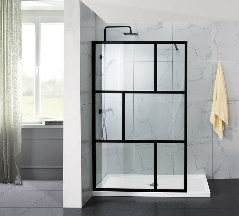 1000-1100x2000mm Black Fully Framed Grid Single Door Fixed Panel Walk-in 6mm Small Glass Shower Screens - HD reno