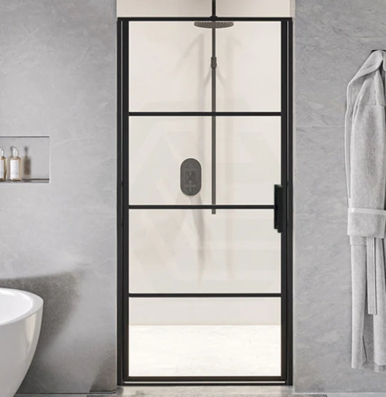 900/1000x2000mm 6mm Glass Wall to Wall Black Framed Pivot Grid Door Shower Screens - HD reno