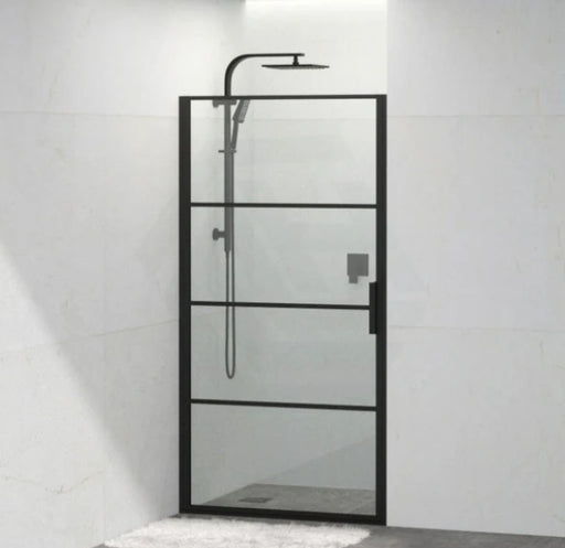 900/1000x2000mm 6mm Glass Wall to Wall Black Framed Pivot Grid Door Shower Screens - HD reno