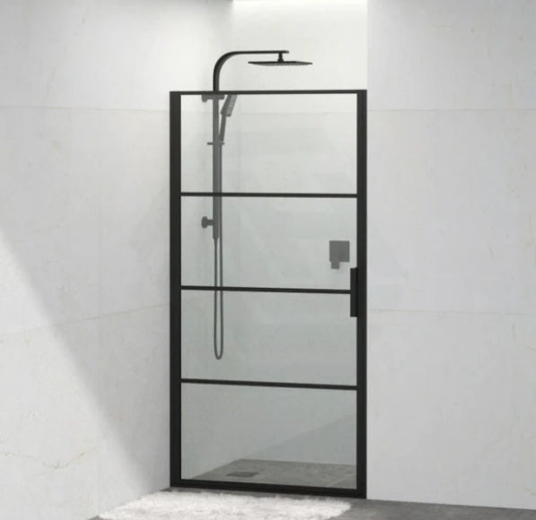 900/1000x2000mm 6mm Glass Wall to Wall Black Framed Pivot Grid Door Shower Screens - HD reno